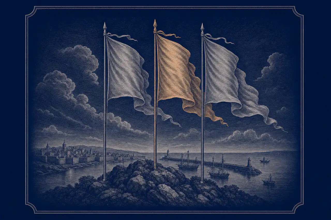 Three tall blank banners on plain staffs planted side by side on a rocky headland, with a walled harbour and moored ships drawn small below them.
