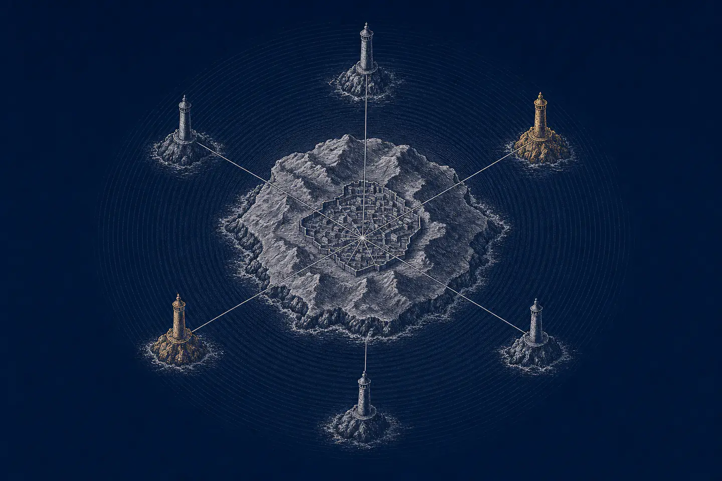 One island on an engraved chart, ringed by six observation towers on separate rocks. From every tower a straight sight line runs to the same point at the centre of the island.