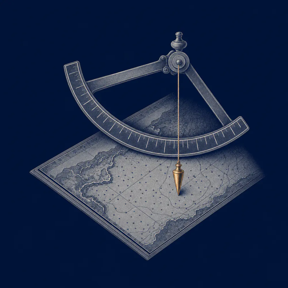 An engraved graduated quadrant with a plumb line hanging from its pivot, resting on the corner of a sea chart. The scale carries plain tick marks and no numbers.