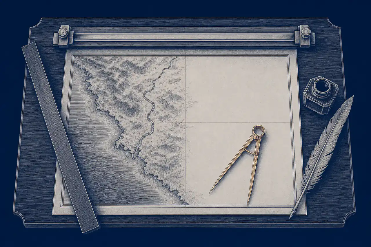 A cartographer's table seen from above: a half drawn coastal chart held on a board, brass dividers open on the paper, a straight edge, an inkwell and a quill. Half of the sheet is still bare.