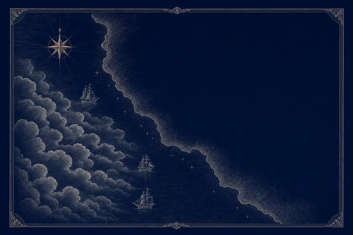 Engraved sea chart of a long coastline. The water carries soundings and three small ships, and fog covers part of the shore. The whole interior of the land is left blank, with nothing drawn on it.