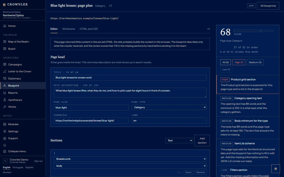 Low-fidelity wireframe of a page: header, hero, benefits, FAQ and internal links as stacked blocks, each with a note for the developer who will build it.